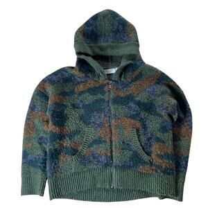 Sweater Womens L Green Hooded Full Zip Camouflage Chunky-Knit Pockets Relaxed